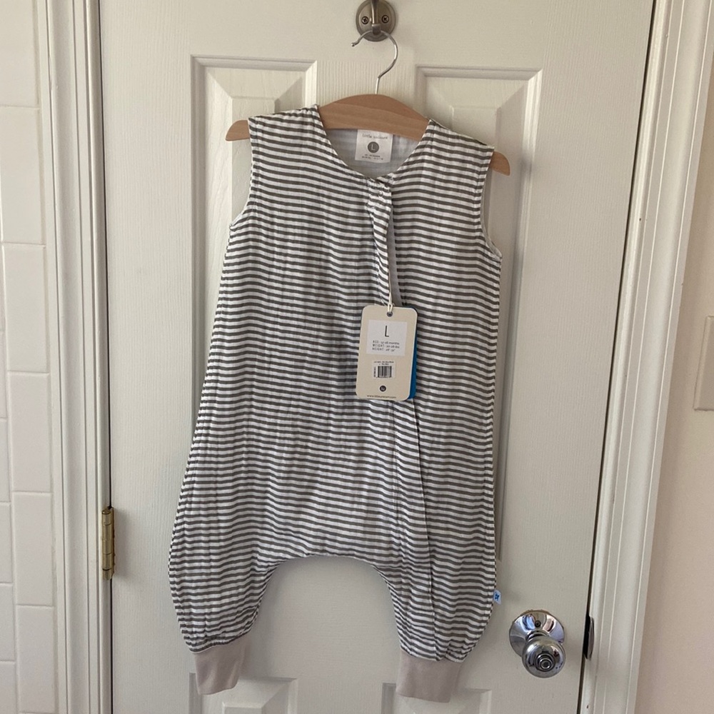 Little Unicorn grey and white stripe muslin sleep romper